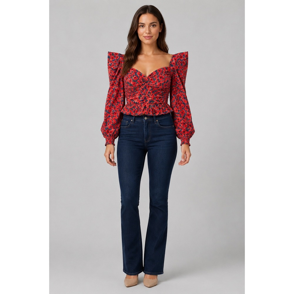 House of Harlow 1960 Floral Puff Sleeve Top Women's S Red Ruched Peplum